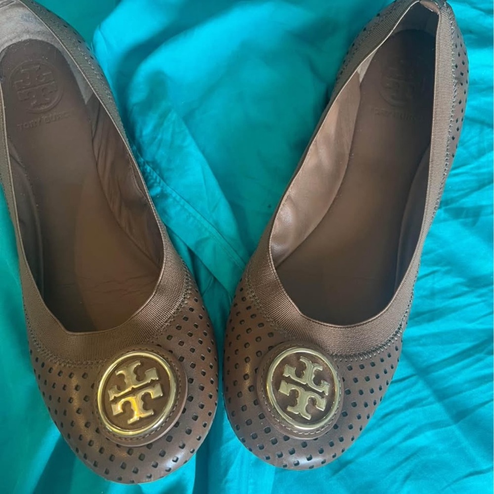 Tory Burch Perforated Brown Flats with Gold Logo